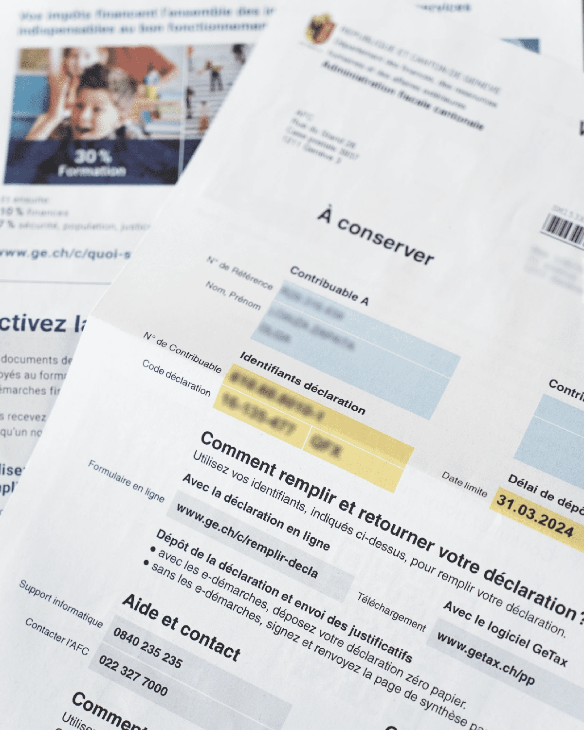 Exemple de courrier contenant les identifiants de déclaration fiscale